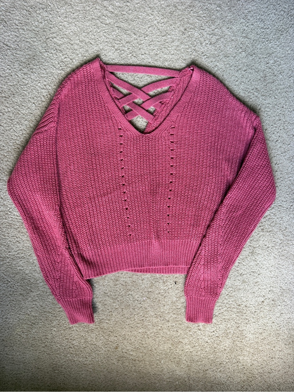 Aeropostale Pink Back Crisscross V-Neck Knit Sweater